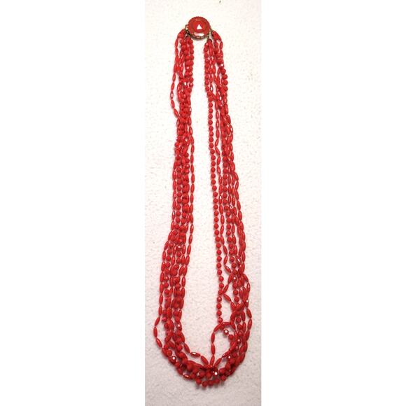 Faux Red Coral Plastic Multistrand Vtg 50s 60s MCM Beaded Necklace Box Clasp - Picture 3 of 8
